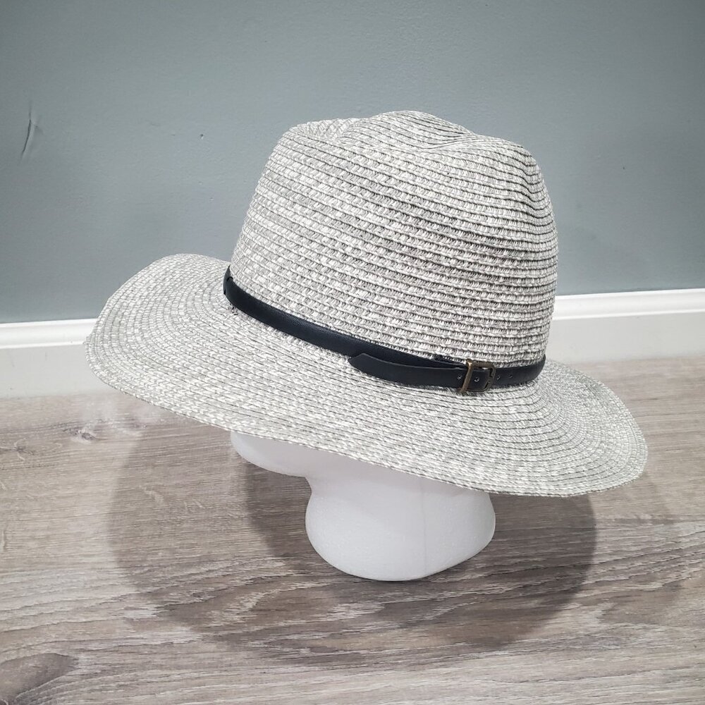 August Hat Co Wide Brim Woven Sun Hat Paper Straw Light Gray Black Accent Strap
